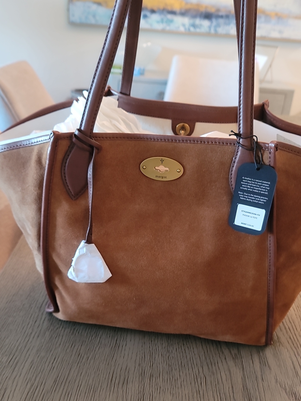NWT Margot Phoebe Lg Suede Tote Bag with Leather Trim in Brown
